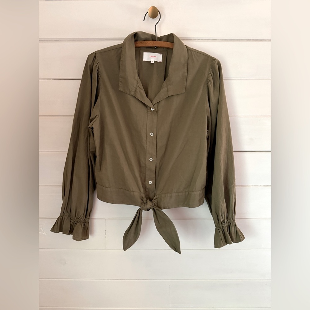Xirena Elsie Cotton Poplin Tie Front Top Blouse Size Small Palm Leaf Green